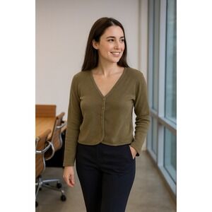 Eileen Fisher Green Knitted V-Neck Button Cardigan Womens‎ Size M Italian Yarn